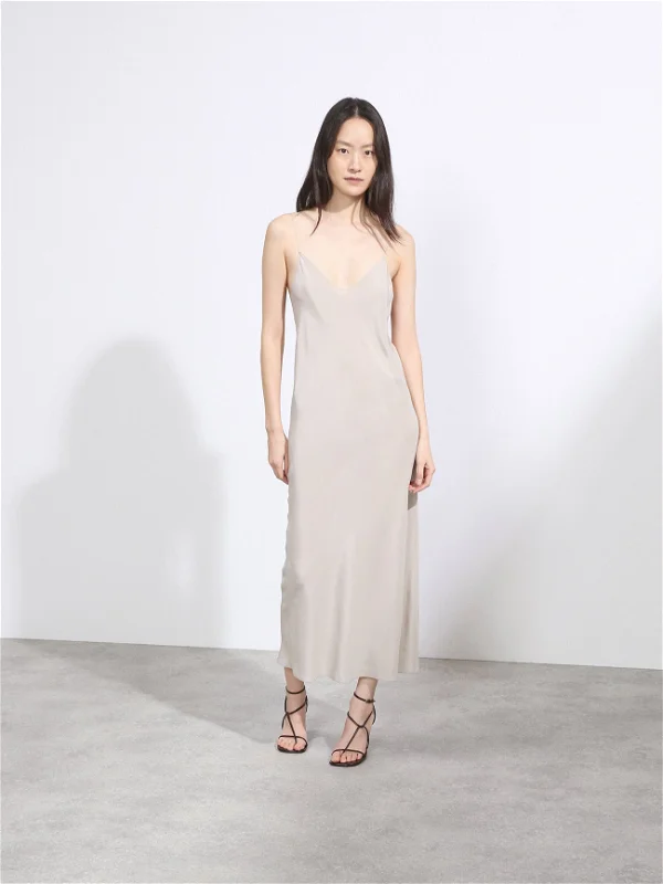 Raey Thin-Strap Silk Crepe De Chine Light Grey Slip Dress - House Of Huntington