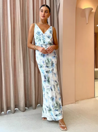 Bec + Bridge Corrine Floral Slip Watercolour Satin V Neck Maxi Dress