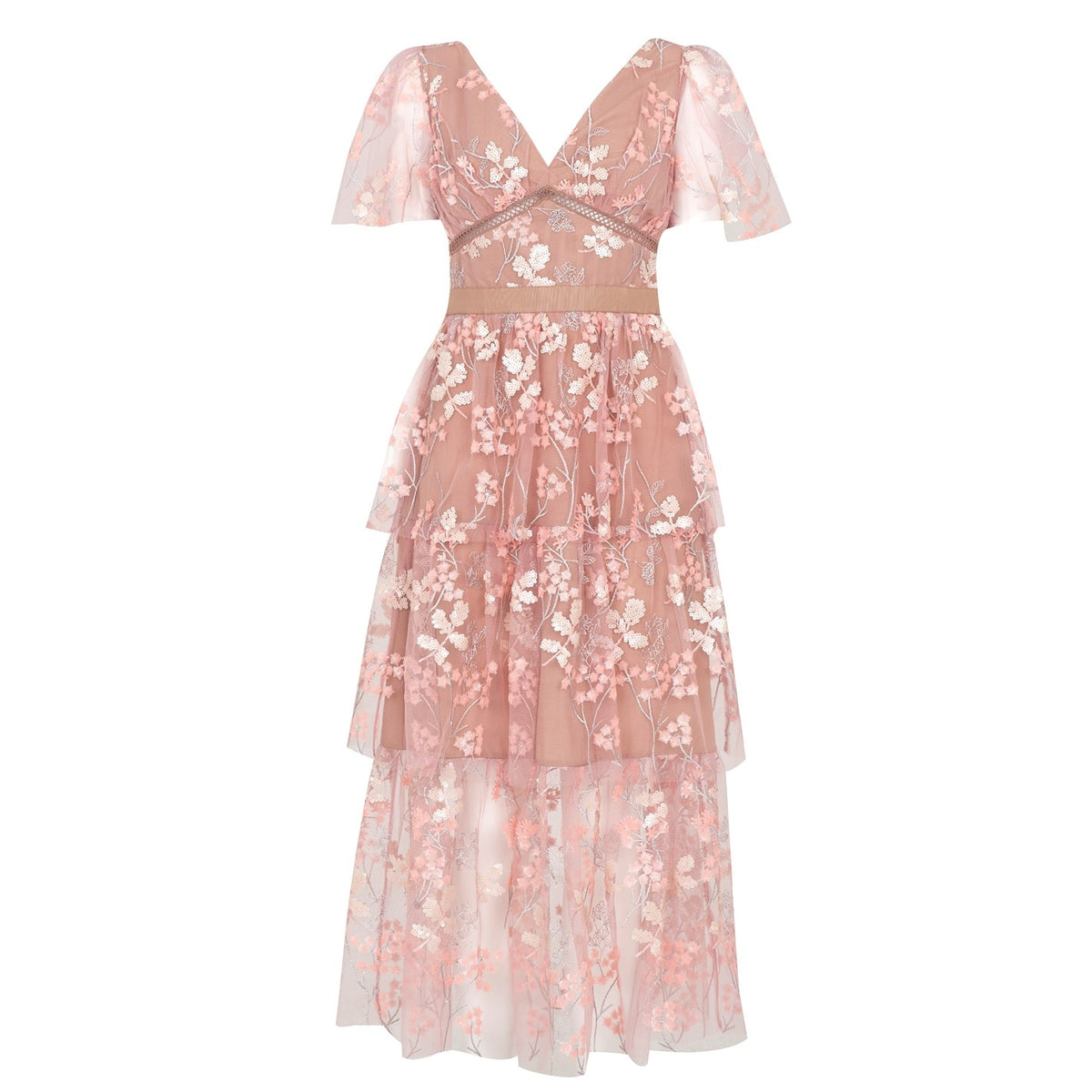 Flower Mesh Tiered Midi Dress