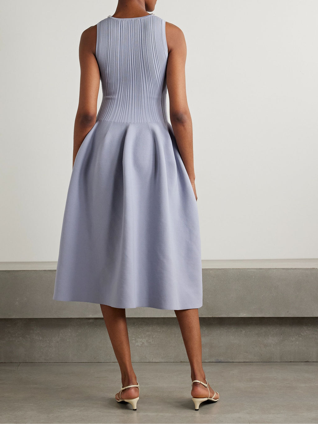 Self-Portrait Light Blue Crystal Embellished Ribbed Stretch Knit Midi Dress