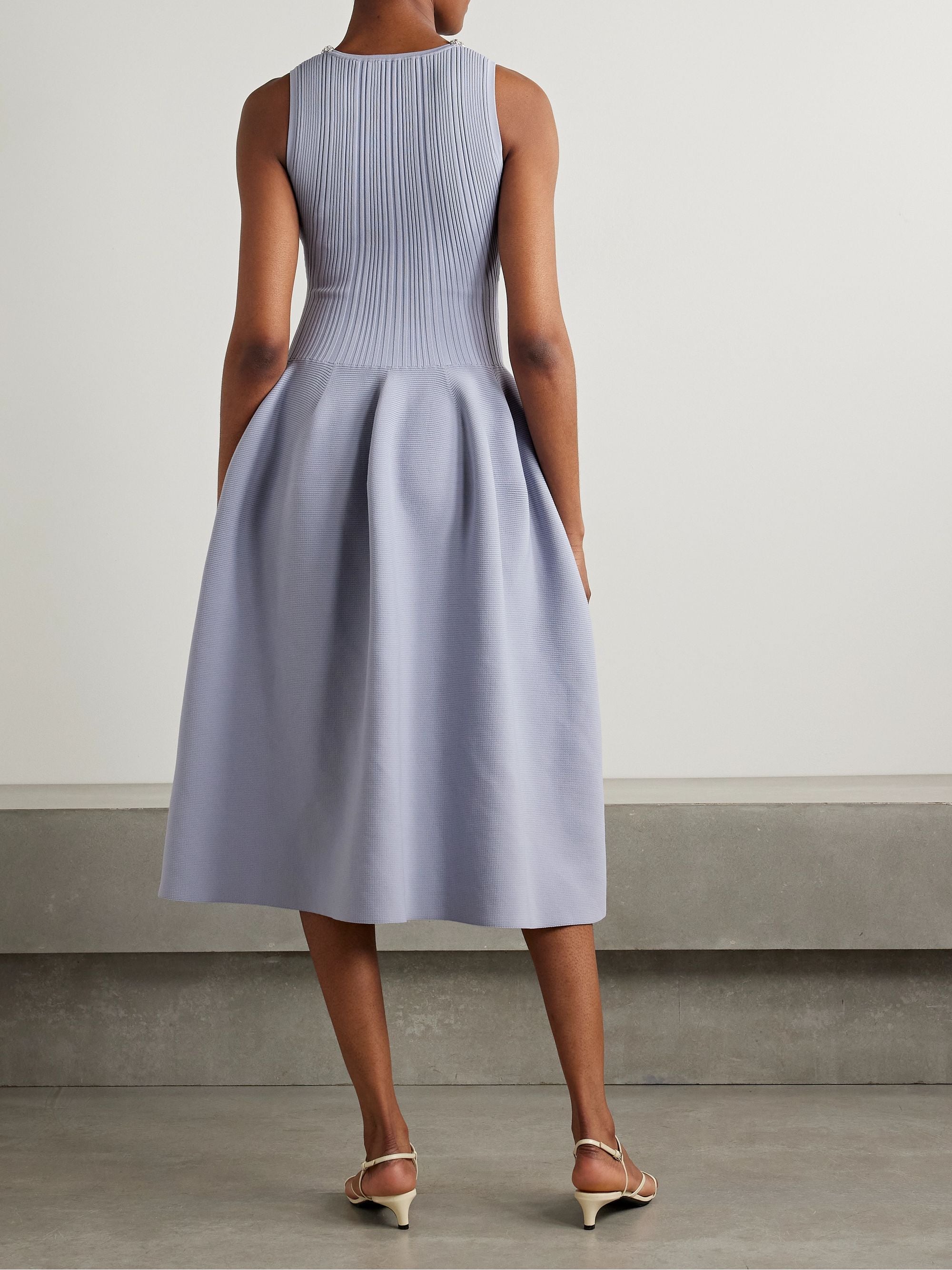 Self-Portrait Light Blue Crystal Embellished Ribbed Stretch Knit Midi Dress