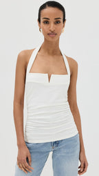 Reformation Arwen White Knit Halterneck Ruched Side Top