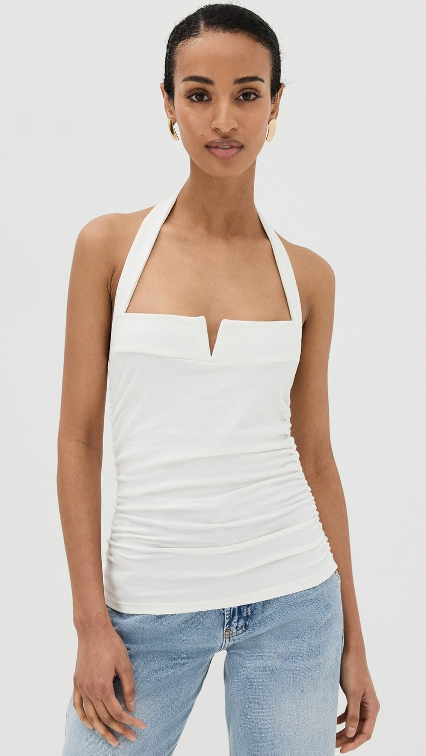 Reformation Arwen White Knit Halterneck Ruched Side Top