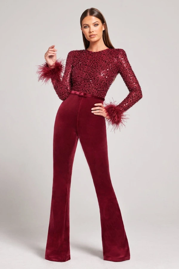 Nadine Merabi Monique Red Embellished Feather Cuff Velvet Flared Leg Jumpsuit - House Of Huntington