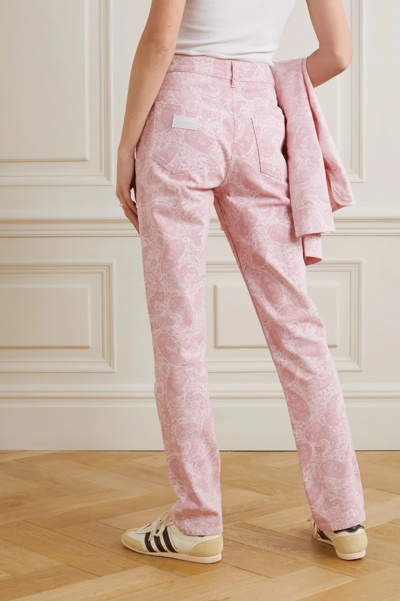 Ganni Pink Paisley-Print Organic Swigy Straight-Leg Jeans