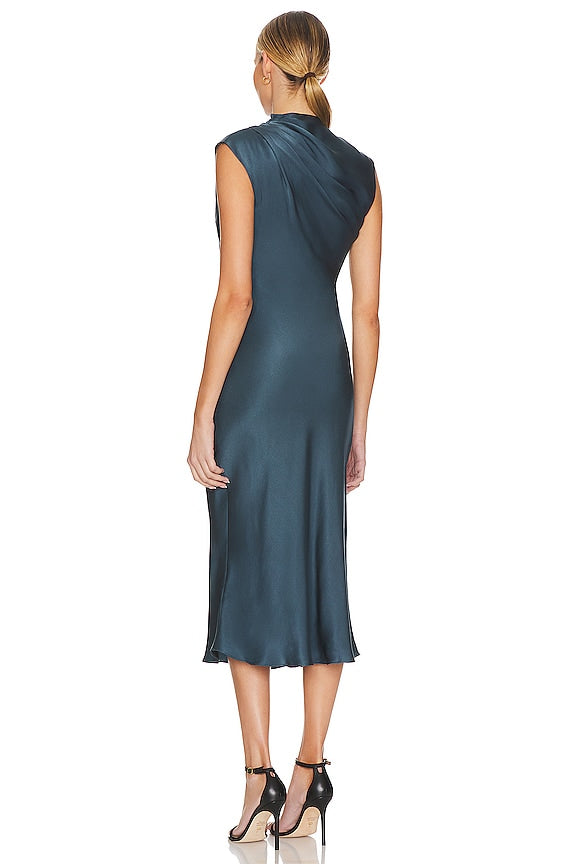 Anine Bing Samantha Draped Mock Neck Silk Satin Steel Blue Midi Dress