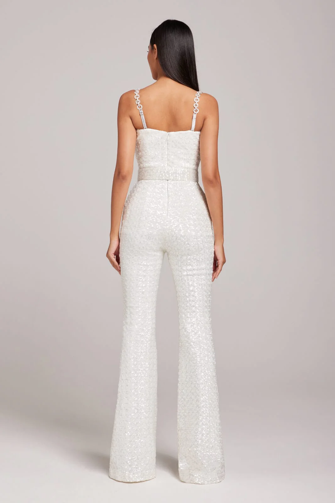 NADINE MERABI Lucinda White Sequinned Corseted Flared Leg Bridal Jumpsuit - House Of Huntington