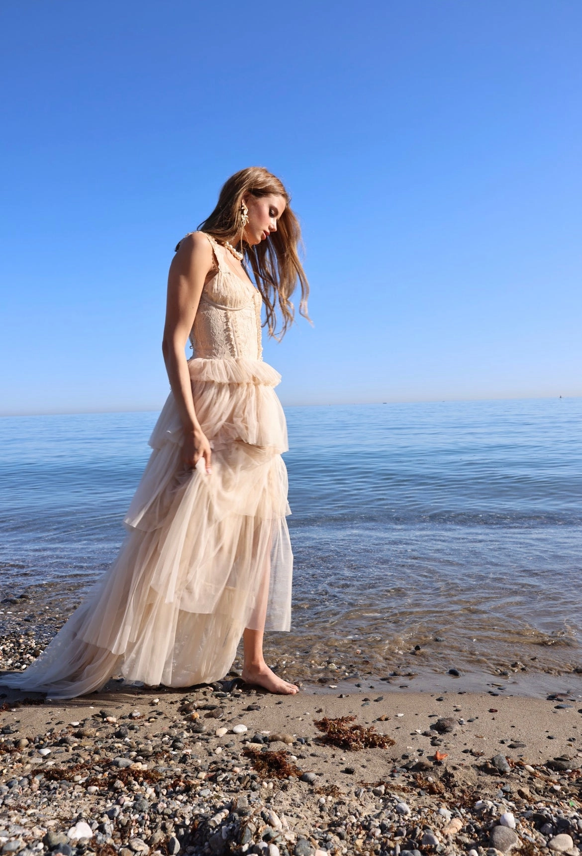 Amy Jane London Champagne Regency Era Corset Bodice Tulle Florence Gown - House Of Huntington