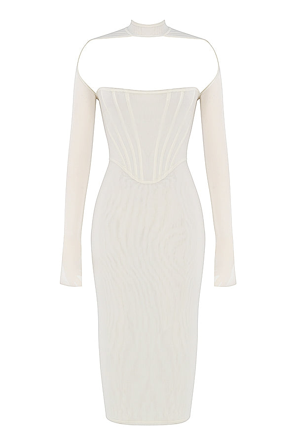 House Of CB Millarose White Mesh Corset Long Sleeve Collared Open Front Midi Dress