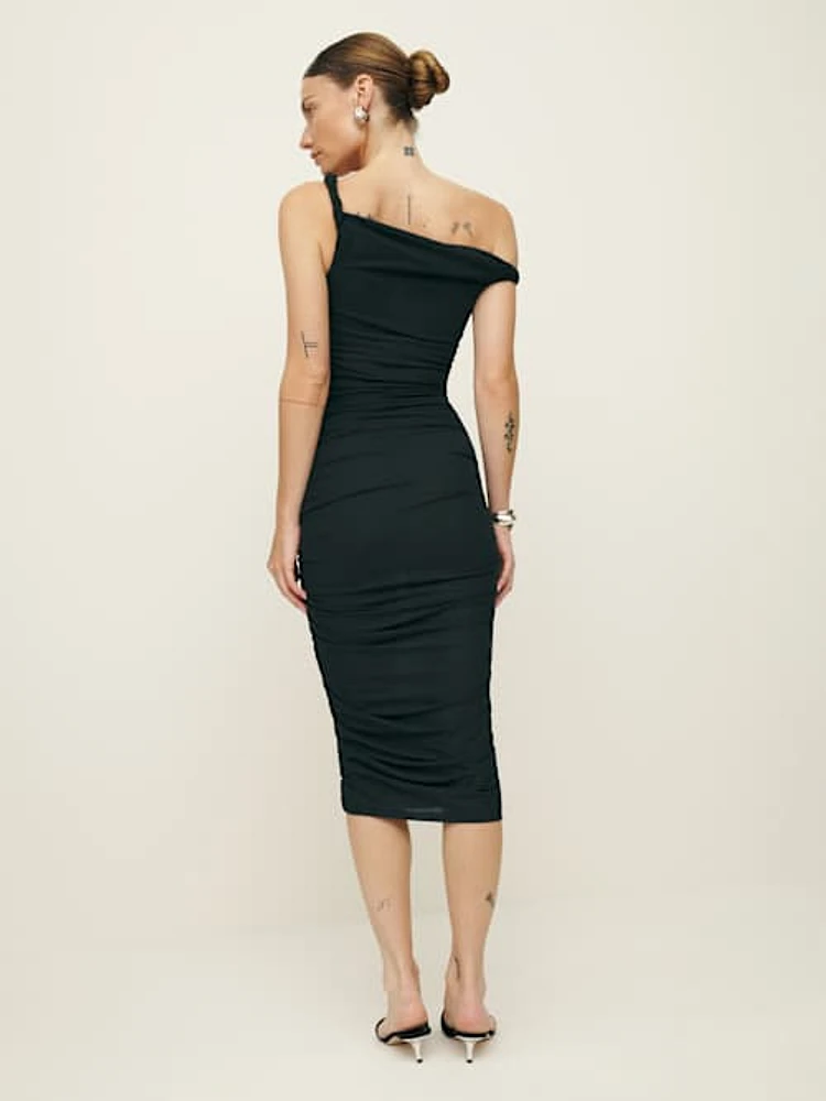 Reformation x Laura Harrier Alycia Black Knit Ruched Off Shoulder Midi Dress