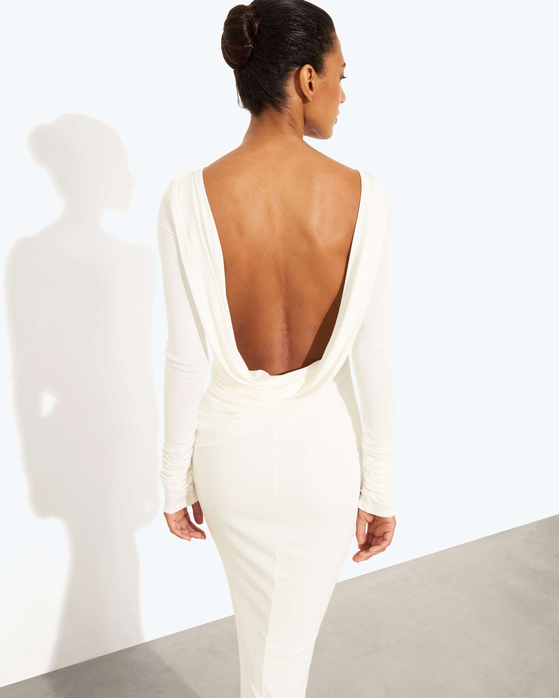 Rat and Boa Rodeo White Long Sleeve Low Back Maxi Dress