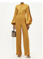 TALLER MARMO Huston Backless Balloon-Sleeve Crepe Yellow Gold Jumpsuit - House Of Huntington