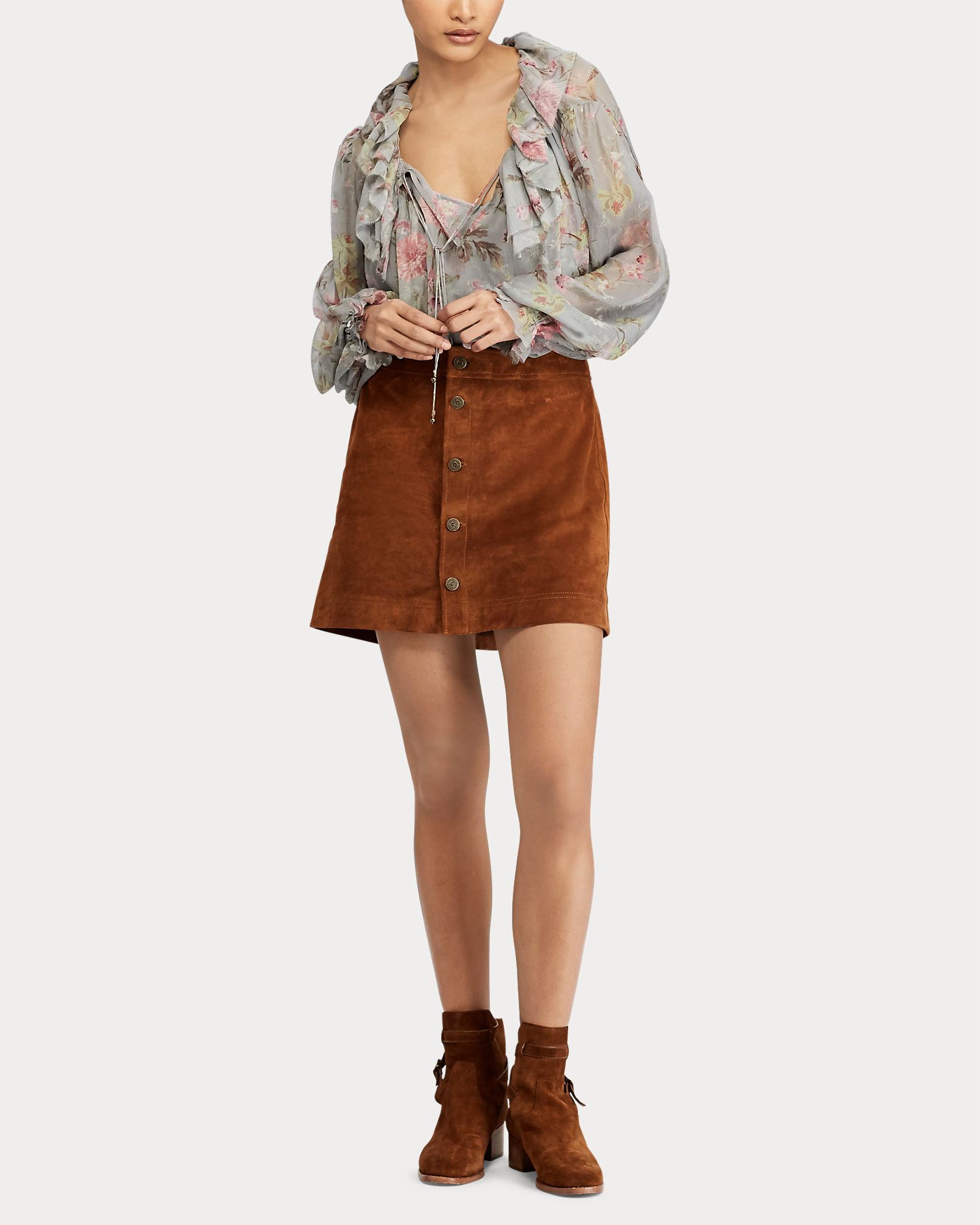 Polo Ralph Lauren Suede Buttoned Brown Miniskirt