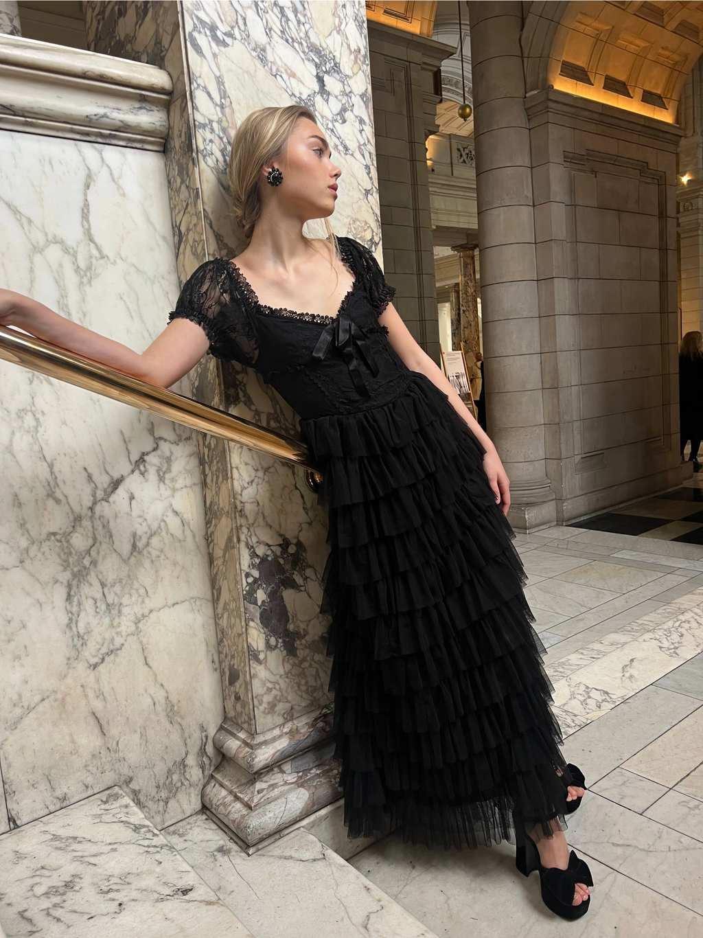 Amy Jane London Black Lace Sweetheart Neck Coquette Sofia Maxi Tulle Dress - House Of Huntington