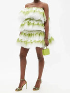 Halpern Shimmery Green Tiered Tulle Poofy Ruffle Strapless Mini Dress