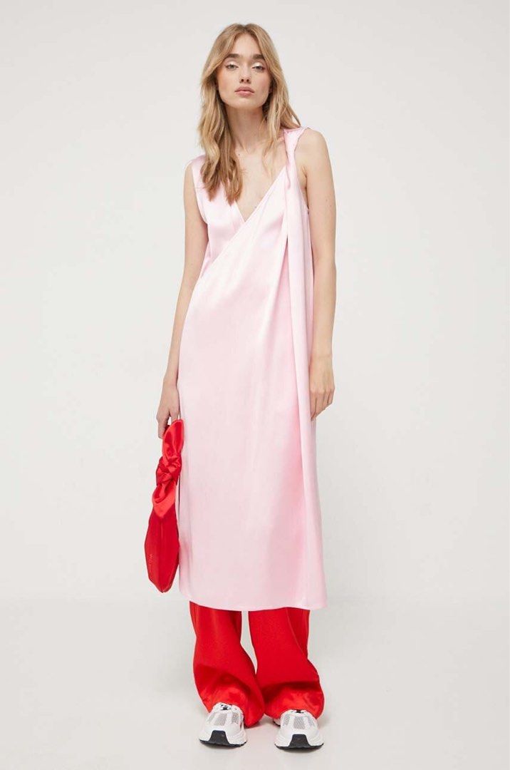 Stine Goya Pink Semi Heavy Satin V-Neck Sleeveless Midi Dress