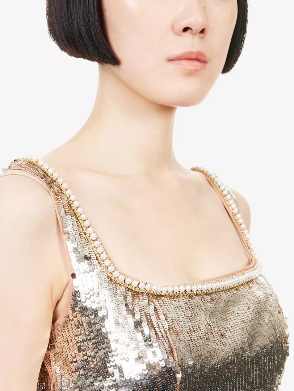 Self-Portrait x Disney Gold Sequin Pearl Detail Mini Dress