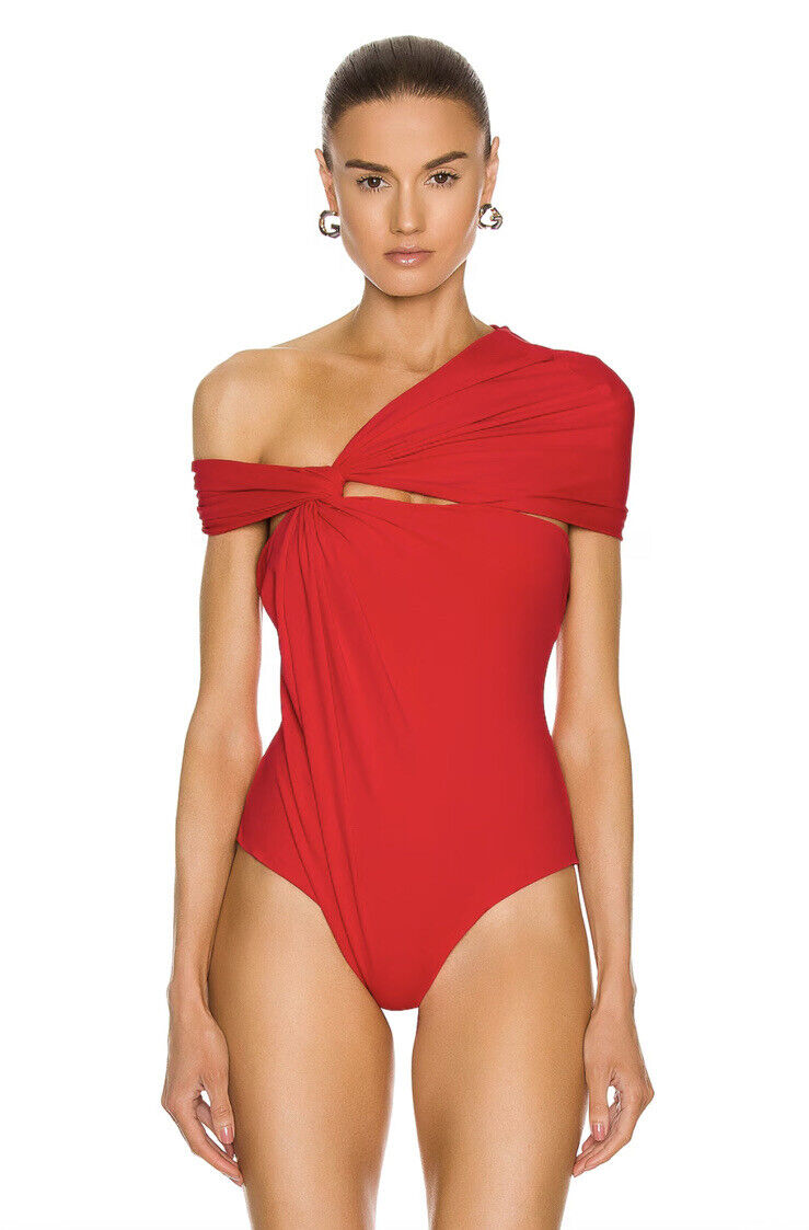 MAXIMILIAN DAVIS Red Disco Draped Jersey Bodysuit - House Of Huntington