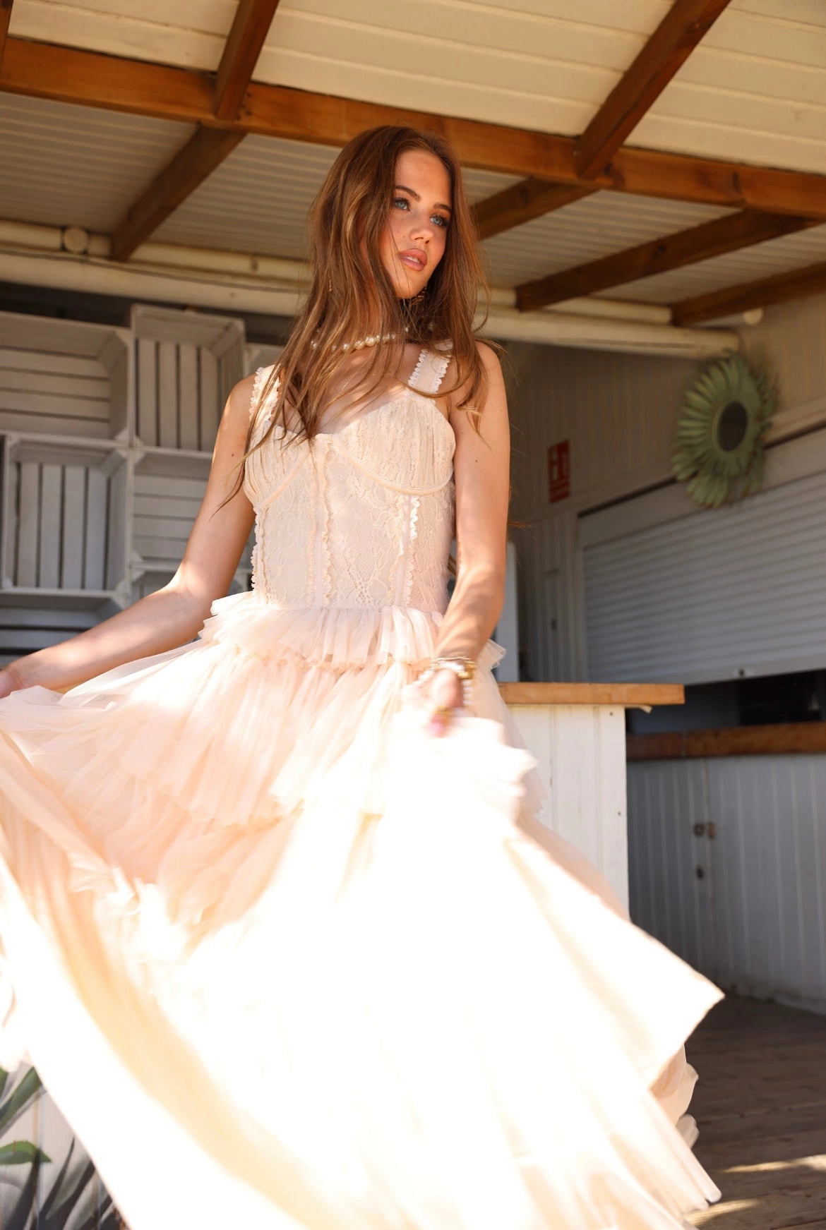 Amy Jane London Champagne Regency Era Corset Bodice Tulle Florence Gown - House Of Huntington