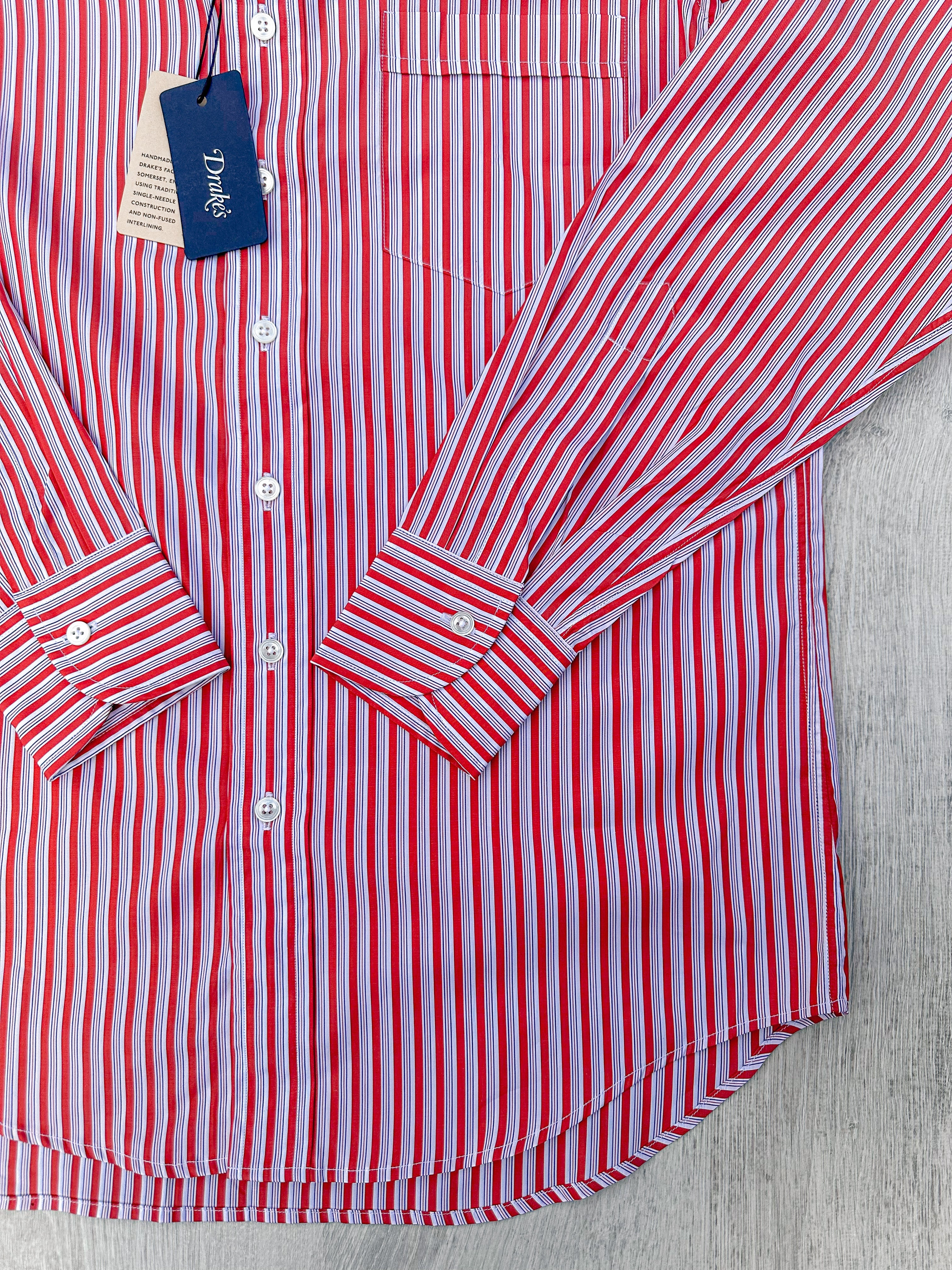 Drake's Red White Cotton Poplin Striped Shirt - House Of Huntington