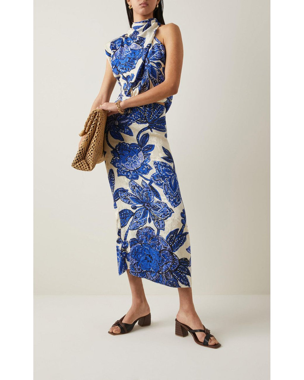JOHANNA ORTIZ Gotas De Fuego Cutout Draped Floral-Jacquard Blue Midi Dress - House Of Huntington