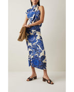 JOHANNA ORTIZ Gotas De Fuego Cutout Draped Floral-Jacquard Blue Midi Dress - House Of Huntington
