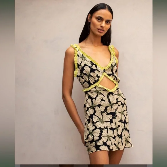 De La Vali Floral Chiffon Ruffle Cut-Out Olive Green Art Deco Mini Dress