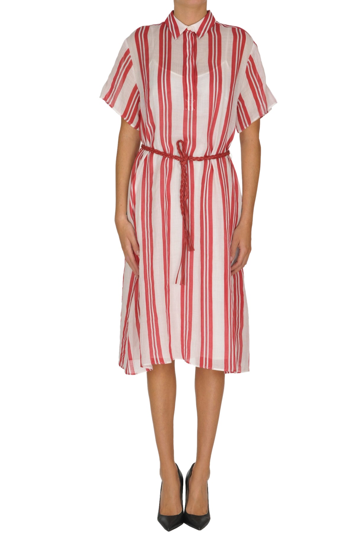 Red Striped Ramie Fabric Shirt Dress