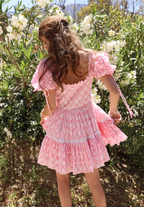 Amy Jane London Pink Beatrice Coquette Bow Print Square Neck Ruffle Puff Sleeve Mini Dress - House Of Huntington