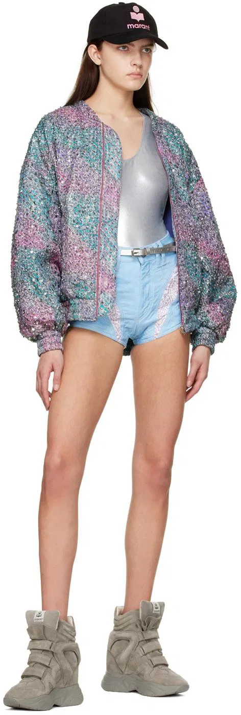 Isabel Marant Neida Floral Patchwork Detail Hot Denim Light Blue Mini Short Shorts