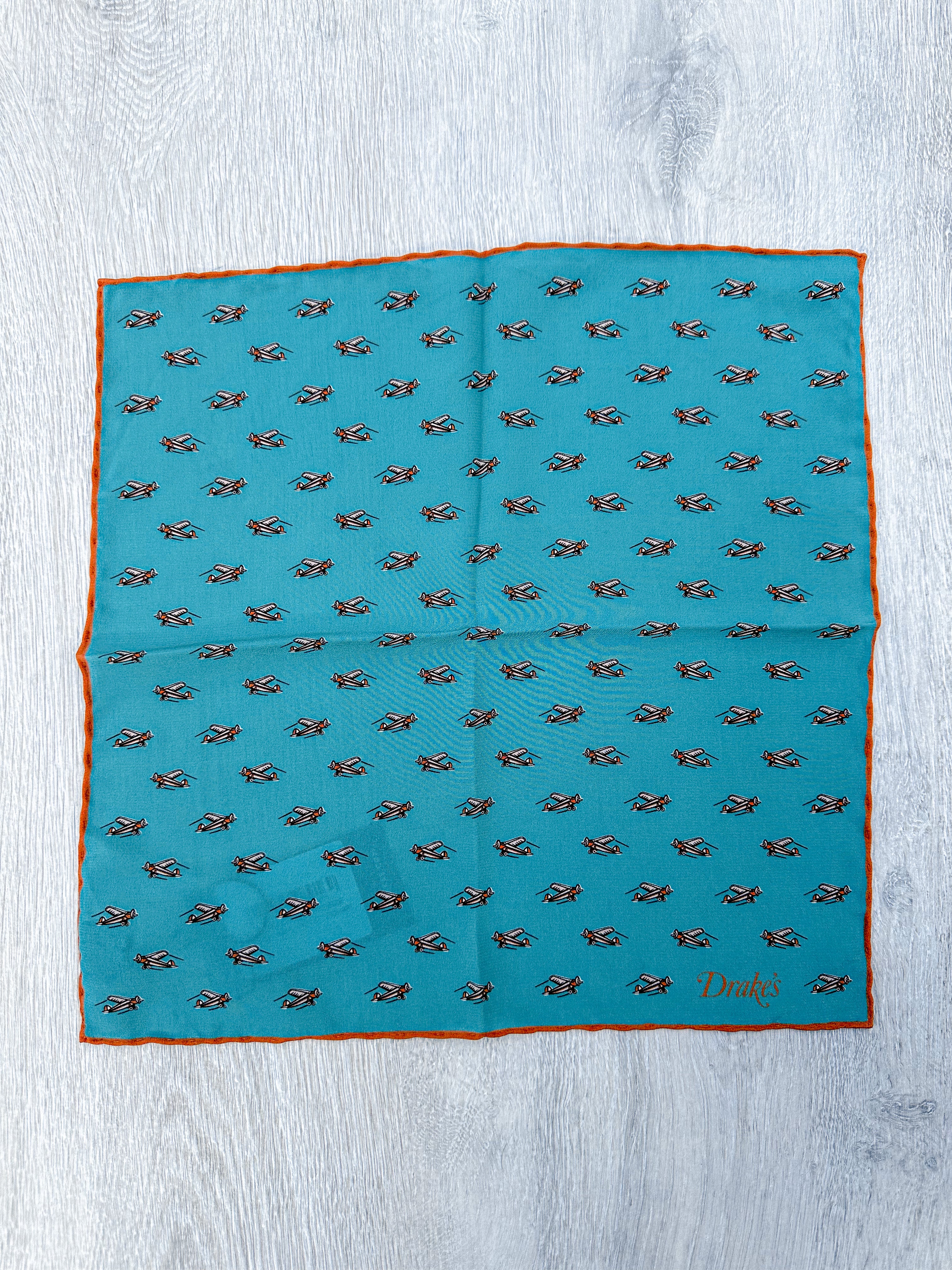 Drake's Turquoise Orange Airplane Pocket Square - House Of Huntington