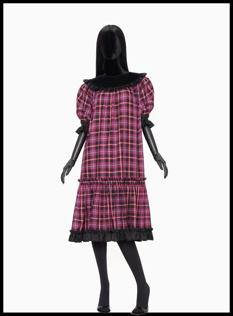 The Vampire's Wife The Migraine Red Black Tartan Plaid Check Print Velvet Collar Belted Dress - House Of Huntington