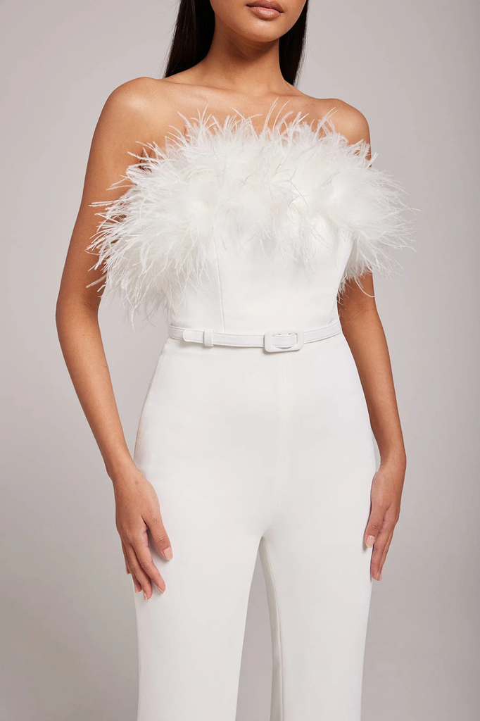 NADINE MERABI Colette White Corseted Strapless Feather Trim Jumpsuit - House Of Huntington