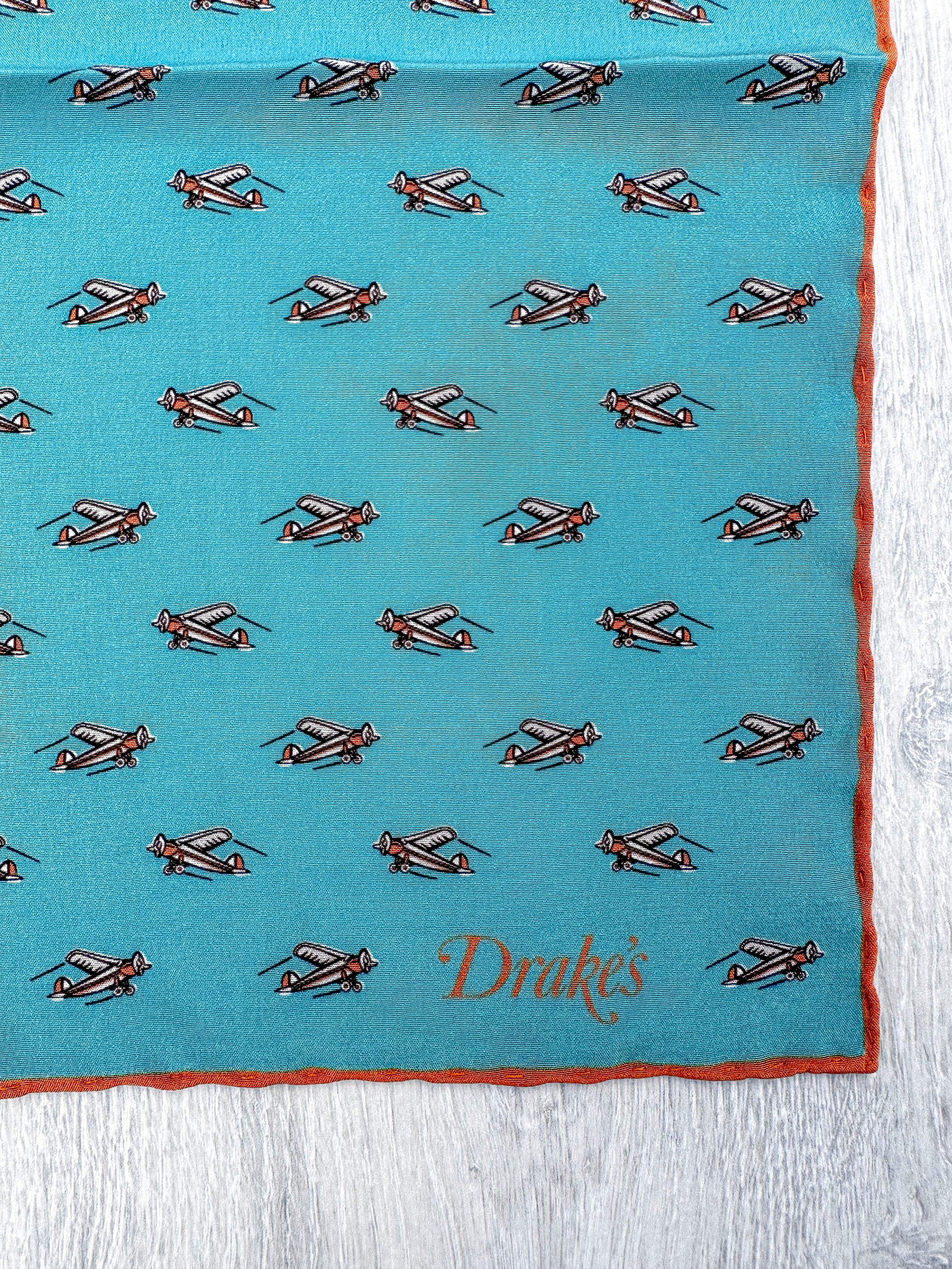 Drake's Turquoise Orange Airplane Pocket Square - House Of Huntington