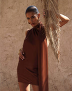 Rat and Boa Serafia Brown Satin Cowl Neck One Shoulder Mini Dress