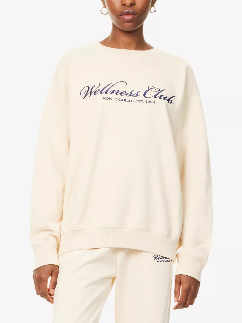 Sporty & Rich Wellness Club Embroidered Crewneck Cream Cotton Sweatshirt