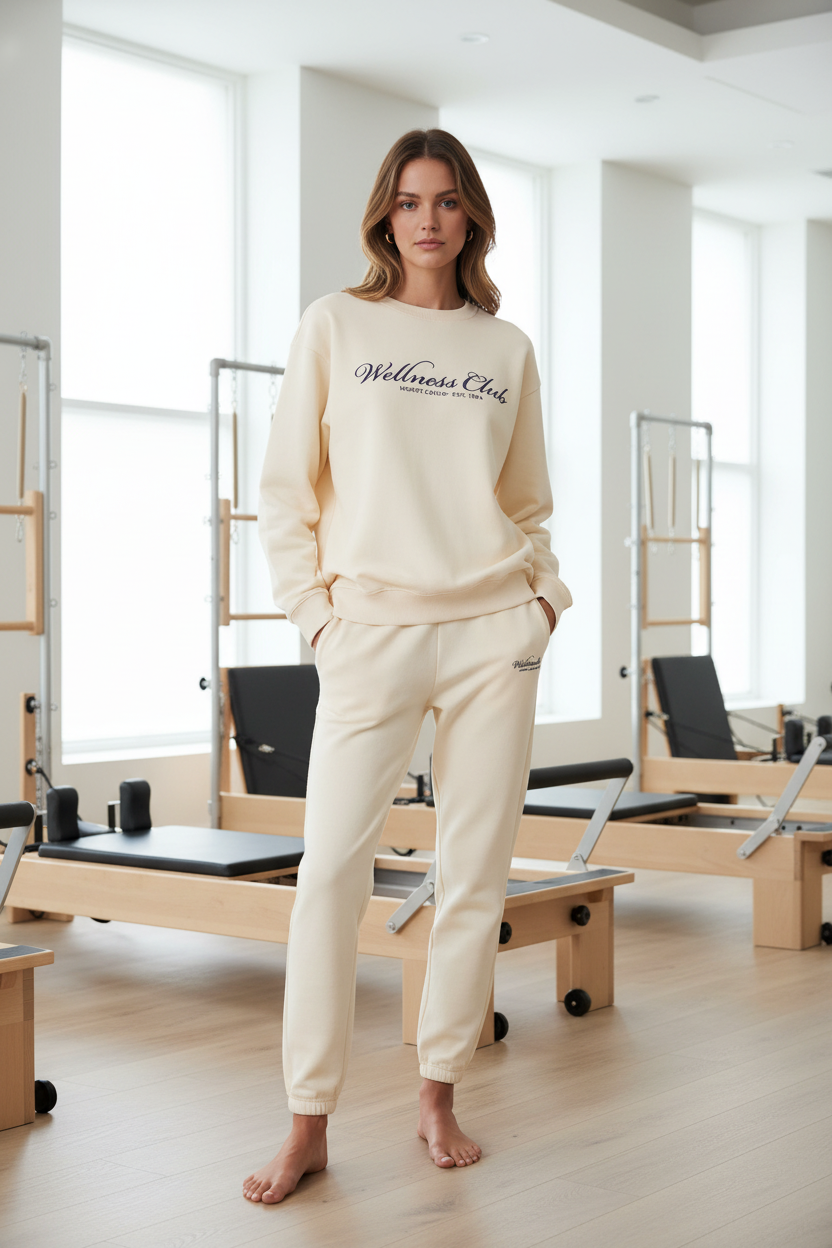 Person wearing a cream-colored 'Wellness Club' sporty & rich sweatshirt with a reformer pilates studio background