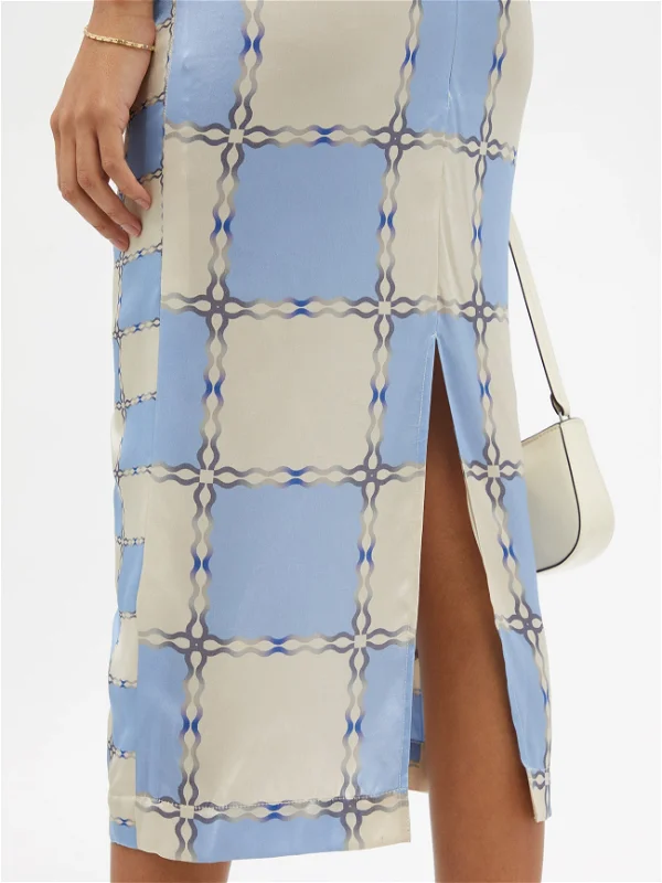 AHLUWALIA Augusta Blue Ruched Check Print Silk Dress - House Of Huntington
