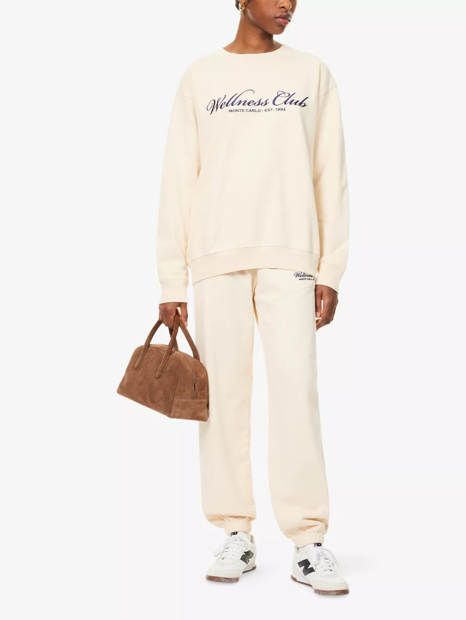 Sporty & Rich Wellness Club Embroidered Crewneck Cream Cotton Sweatshirt