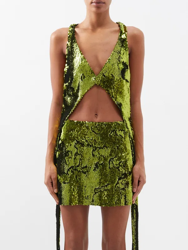 Marques Almeida Green Cutout-Back Sequinned Party Crop Top