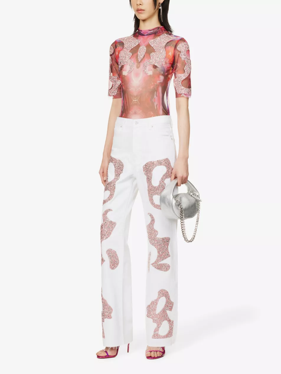 GERMANIER Patch Stone Embellished Straight-Leg Mid-Rise Upcycled-Denim Jeans - House Of Huntington