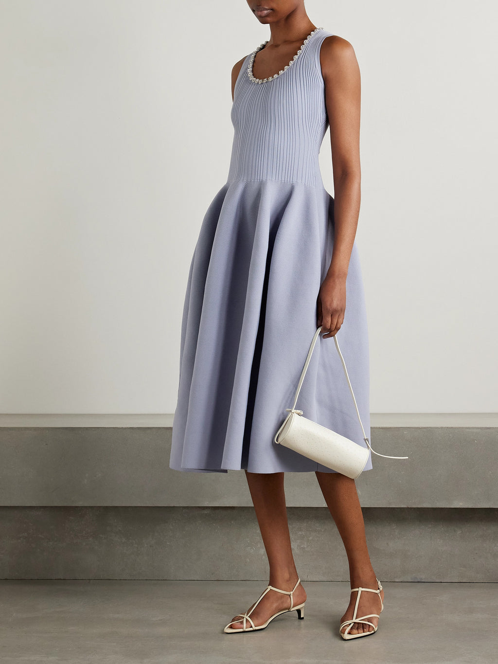 Self-Portrait Light Blue Crystal Embellished Ribbed Stretch Knit Midi Dress