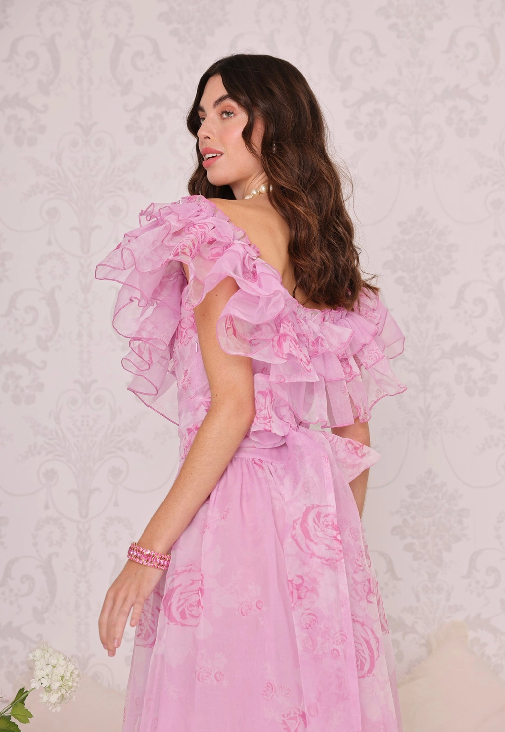 Amy Jane London Pink Aurora Fairytale Organza Floral Ruffle Neck Whimsy Gown - House Of Huntington
