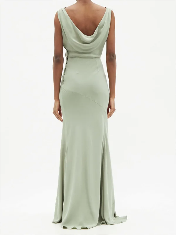 RAEY Cowl-Back Silk Seam Detail Pistachio Green Crepe De Chine Maxi Dress - House Of Huntington