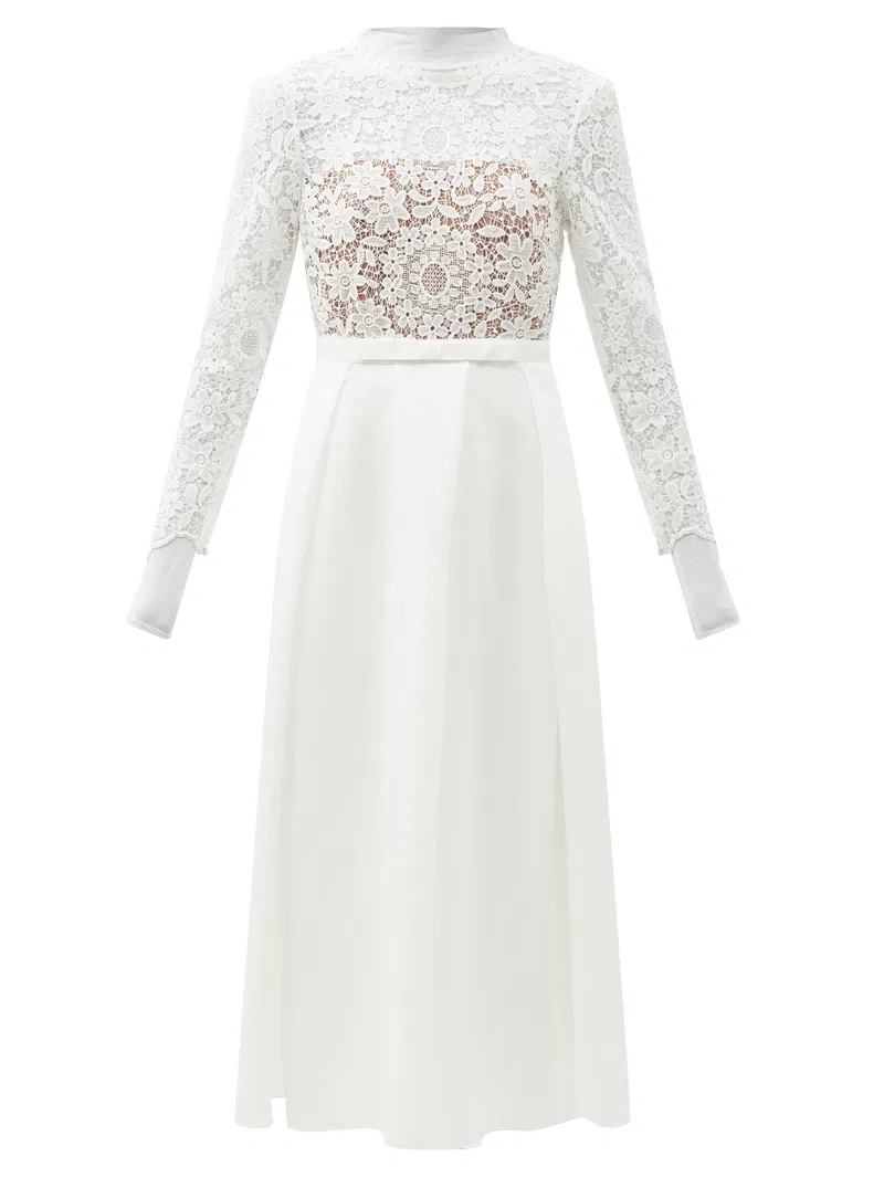 Self-Portrait White Guipure Lace And Taffeta Midi Dress