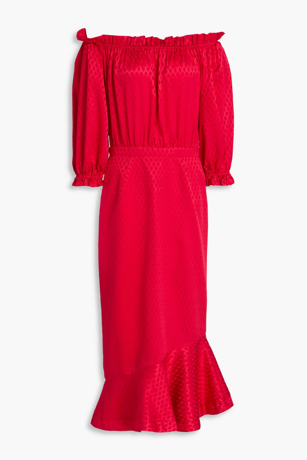 Saloni Grace Off The Shoulder Silk Satin Jacquard Midi Dress