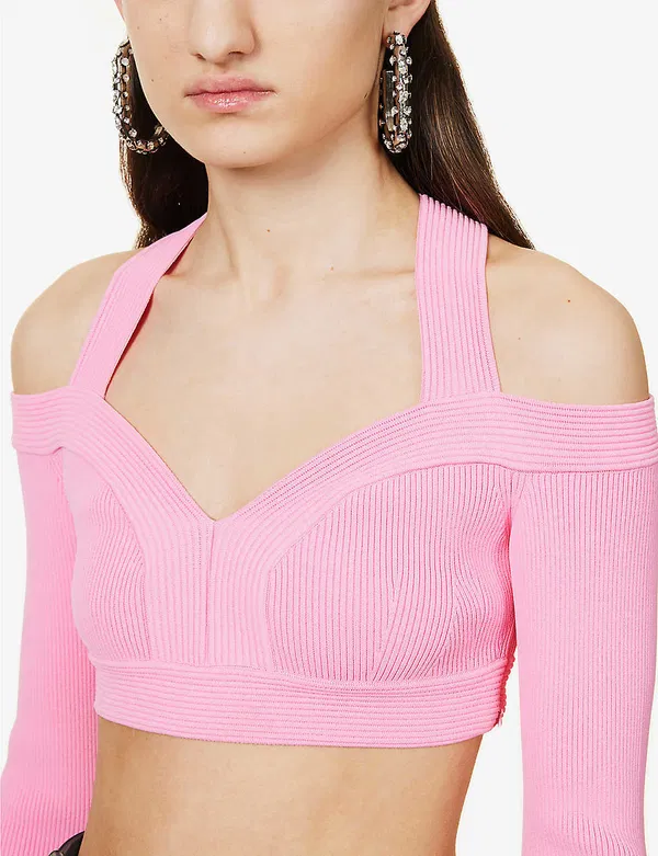 Alexander McQueen Pink Sweetheart Neck Cropped Rib Knit Long Sleeve Top