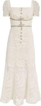 Self-Portrait Cream Lace Diamante Bow Midi Dress