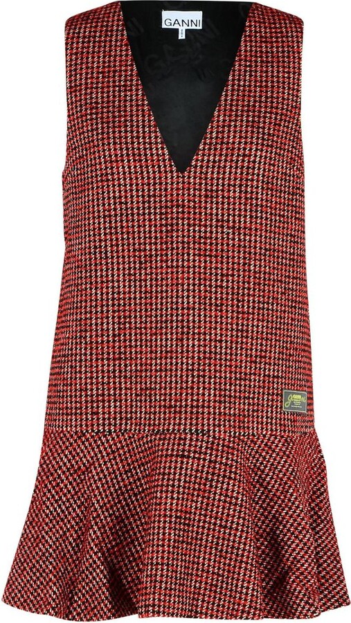 Ganni Red Tweed Check Pattern Red Mini Length Dress
