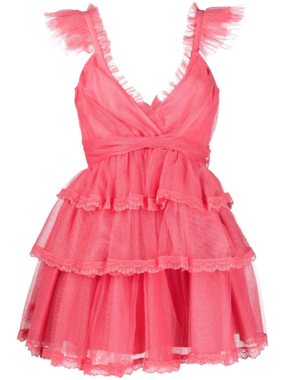 Love Shack Fancy Pink Ruffle V-Neck Zorina Mini Dress